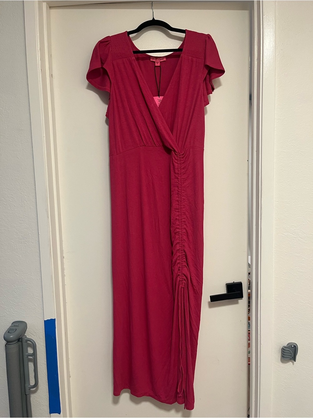 Betsey Johnson Maxi Dress Womens Medium Pink New Ruched Flutter Sleeve